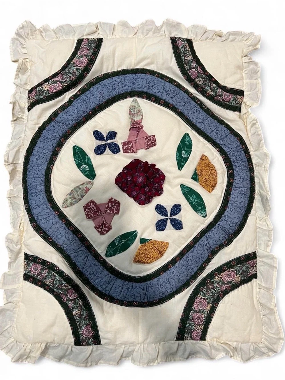 Handmade Floral Appliqué Pillow Covers - Cream, Blue, Green, Pink